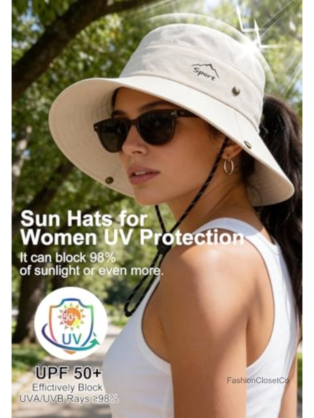 UPF 50+ Wide Brim Sun Hat with Ponytail Hole - Packable Bucket Hat for Hiking - Picture 2 of 6